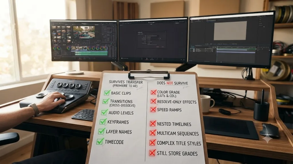 Illustration of a checklist comparing what survives and what doesn't survive the Premiere Pro to After Effects bridge