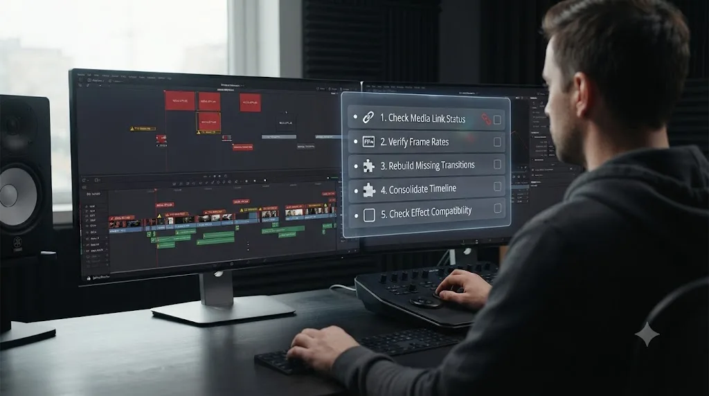 Illustration of a troubleshooting checklist overlaid on a timeline showing offline clips and mismatched frame rates