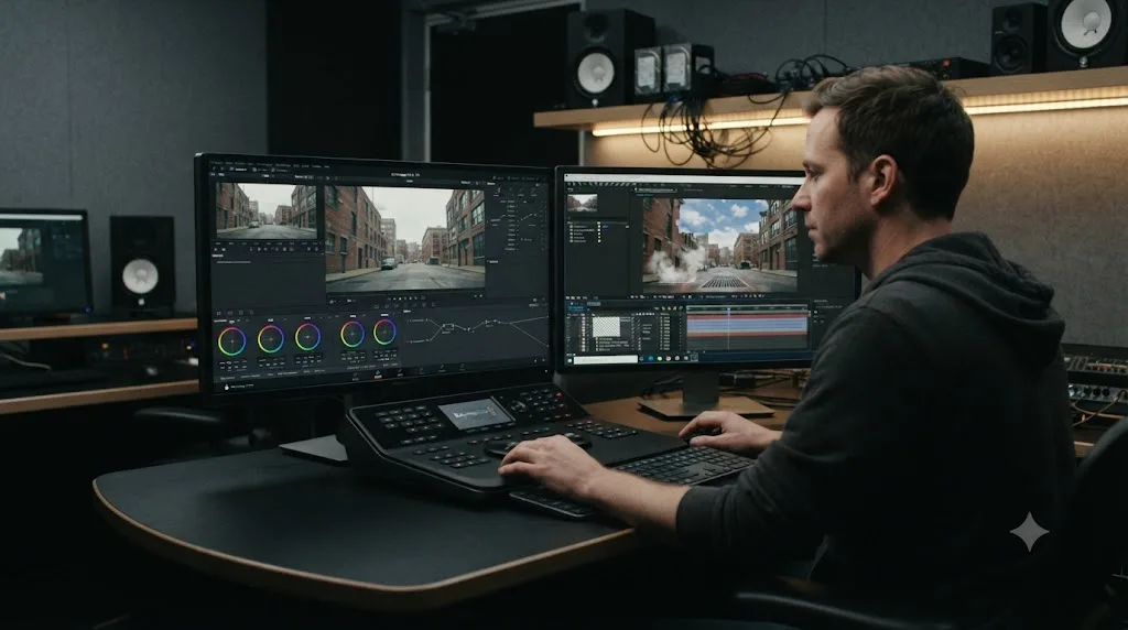 Illustration of a colorist pre-grading raw footage alongside isolated VFX layers with alpha channels being composited