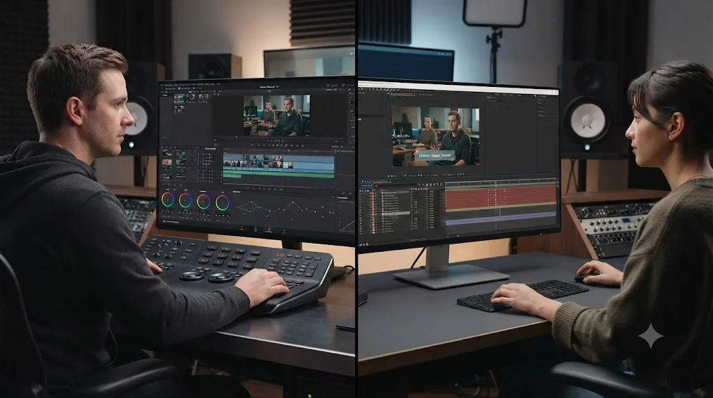 Illustration of a worked example showing a graded interview timeline in Resolve alongside animated lower thirds being built in After Effects