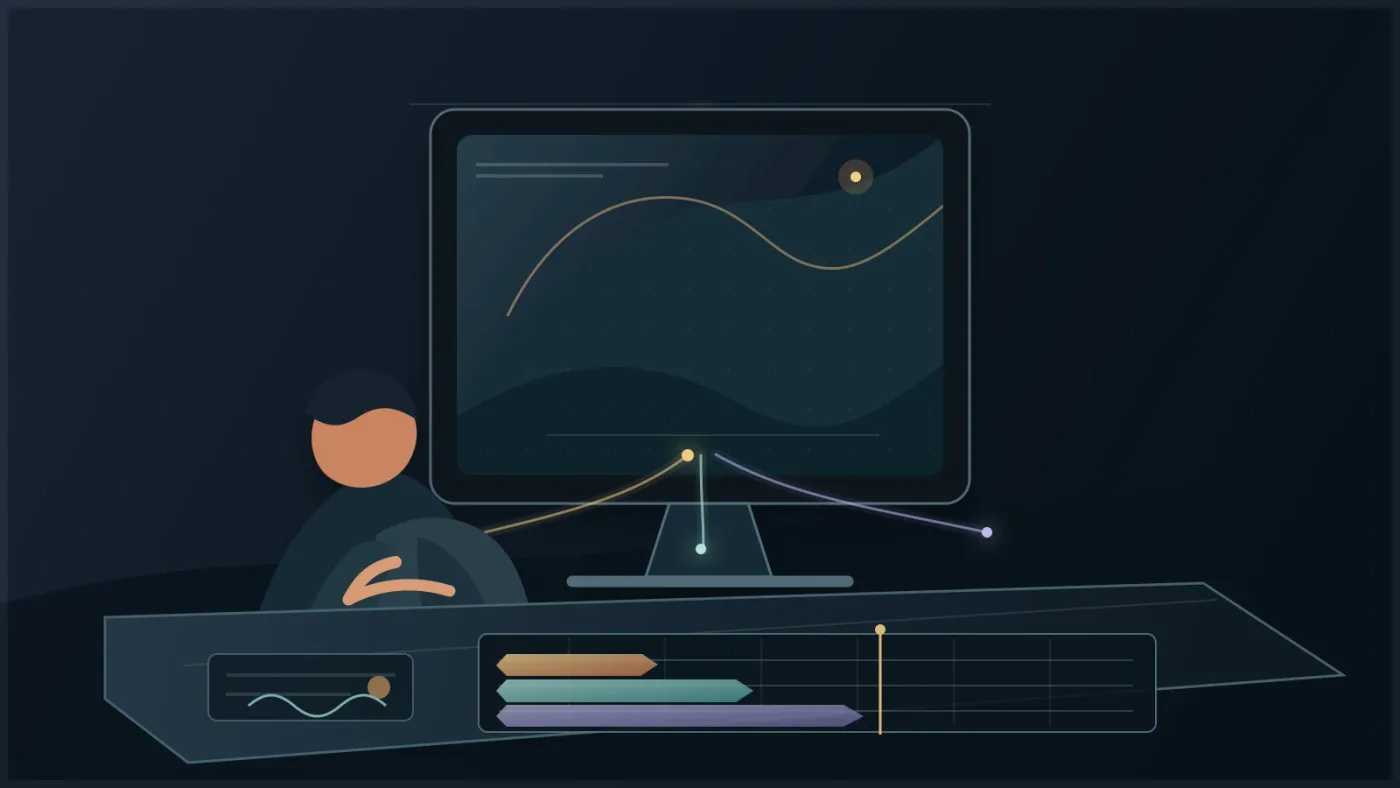 Illustration of an editor auditioning score options and music stems for a film scene