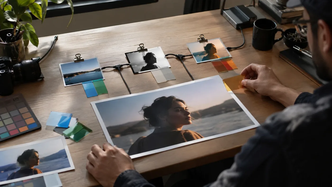 Illustration of node-based color grading for a still photo