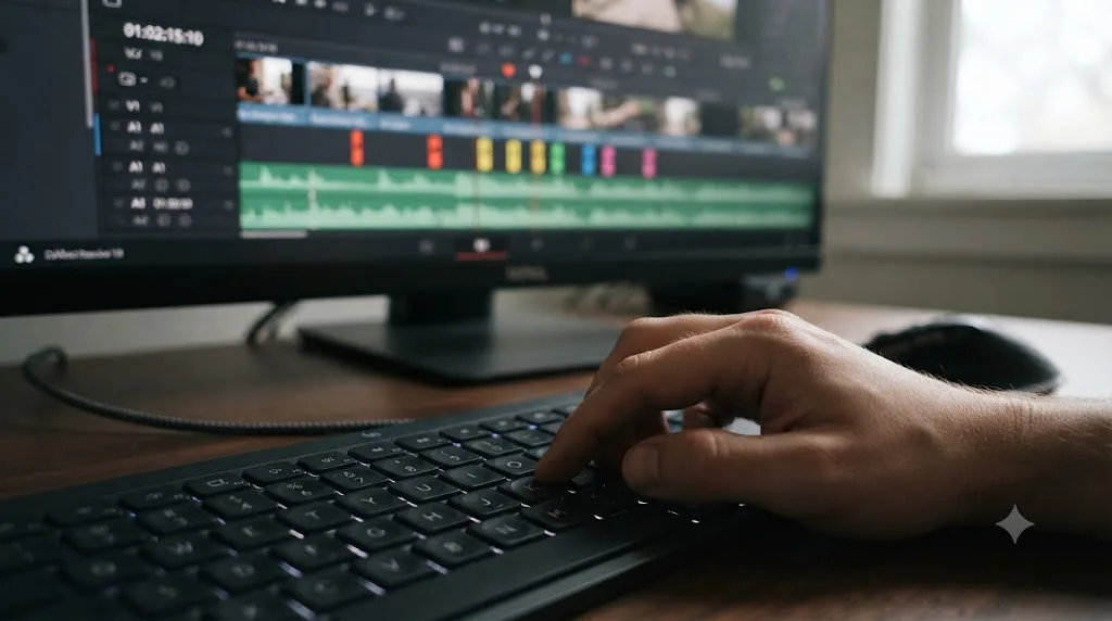 Illustration of a hand pressing the M key to add a marker while a DaVinci Resolve timeline plays