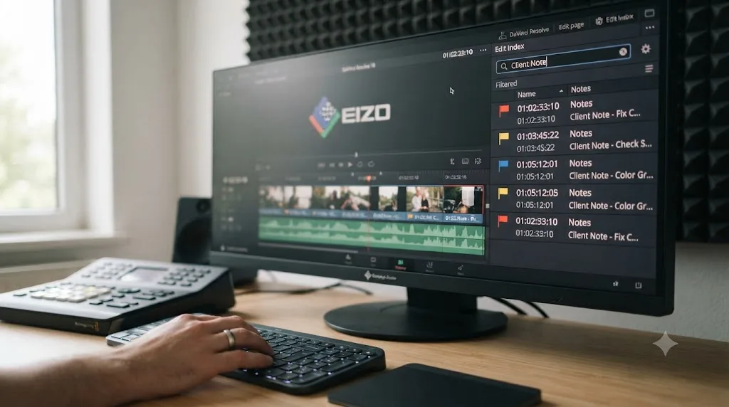 Illustration of the DaVinci Resolve Edit Index panel filtering markers by a searched note keyword