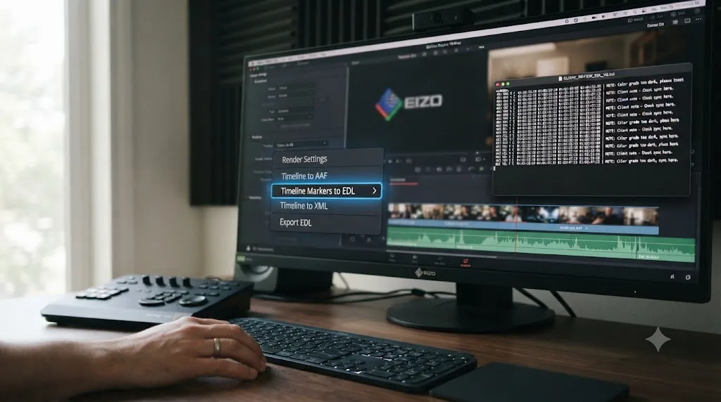 Illustration of exporting DaVinci Resolve timeline markers to an EDL text file listing timecodes and notes