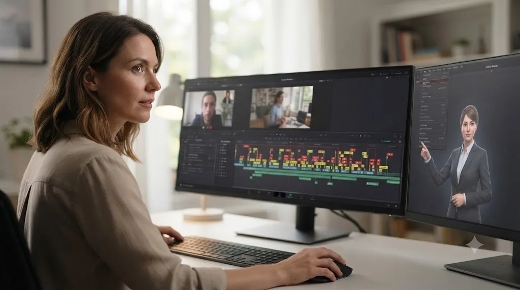 Illustration of an editor during a client review call getting on-screen help while DaVinci Resolve markers sit on the timeline
