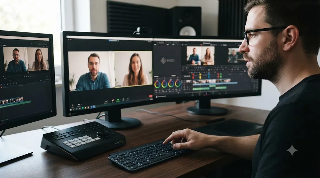Illustration of an editor placing DaVinci Resolve markers in real time during a live client review call
