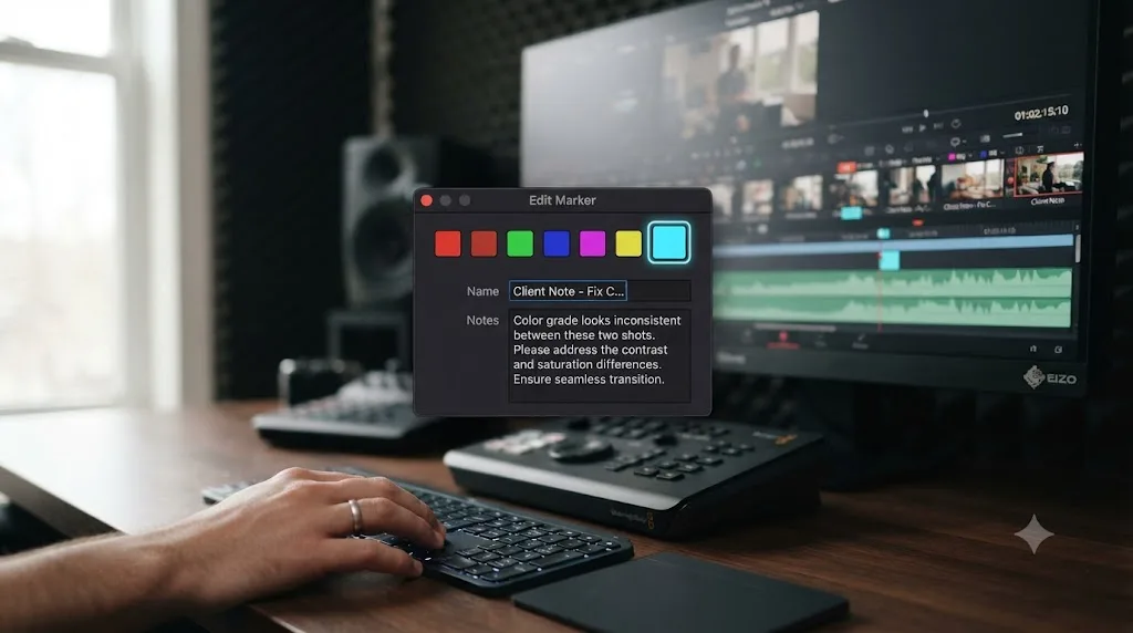 Illustration of the DaVinci Resolve marker info box with Name and Note fields open and a color swatch selected