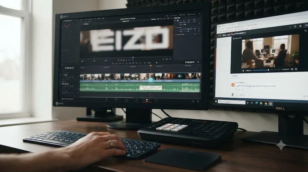 Illustration of a client comment in Blackmagic Cloud Presentations appearing as a circular marker on a DaVinci Resolve timeline