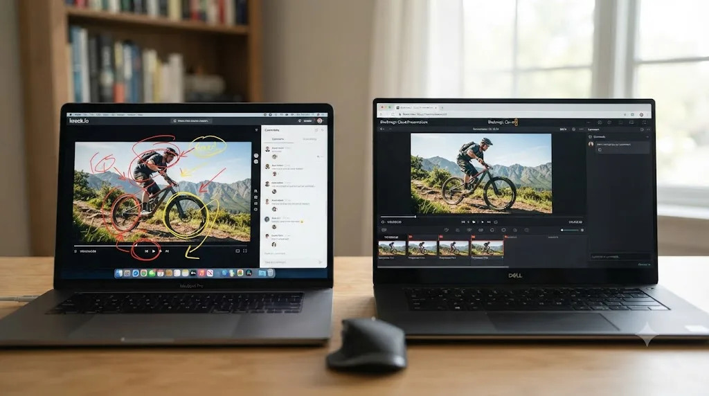 Illustration comparing a third-party review platform interface against Blackmagic Cloud Presentations for DaVinci Resolve client review