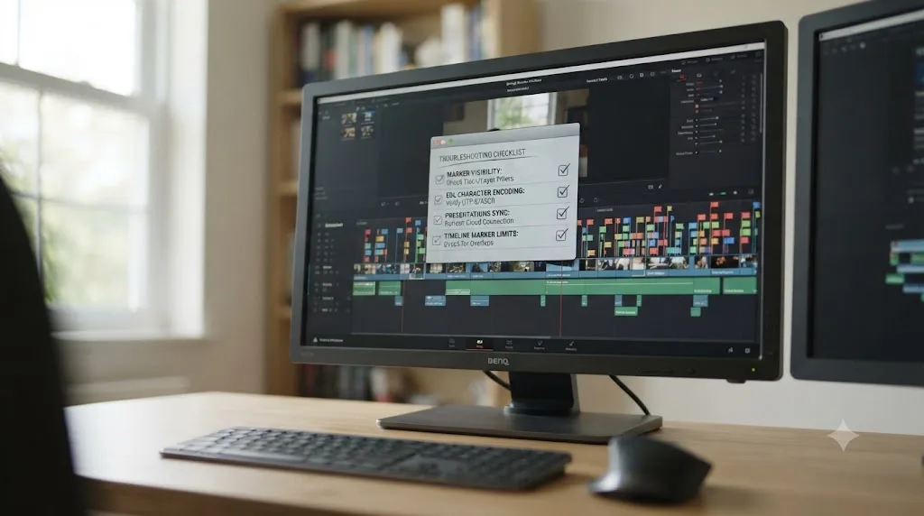 Illustration of a troubleshooting checklist covering common DaVinci Resolve marker and client review problems
