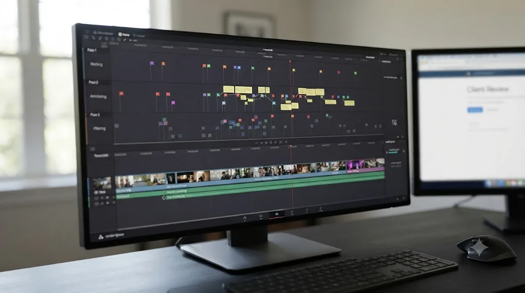 Illustration of a four-pass DaVinci Resolve marker review workflow on a short promo video timeline