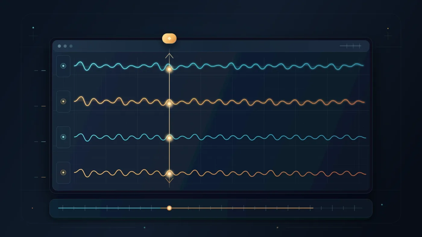 Illustration of aligning music stem waveforms on a DaVinci Resolve timeline