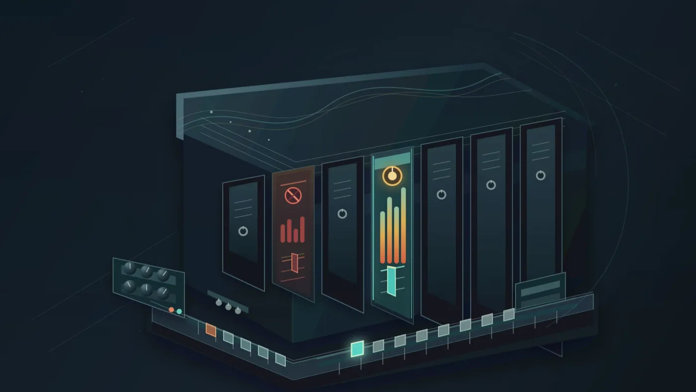 Illustration of muting and soloing music stems in a Fairlight mix