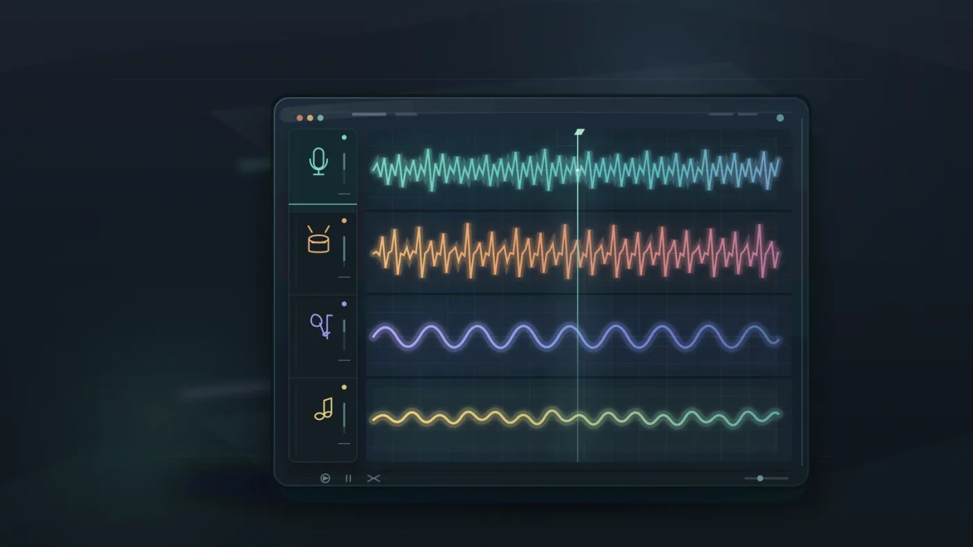 Illustration of separate Fairlight tracks for vocal, drums, bass, and instruments
