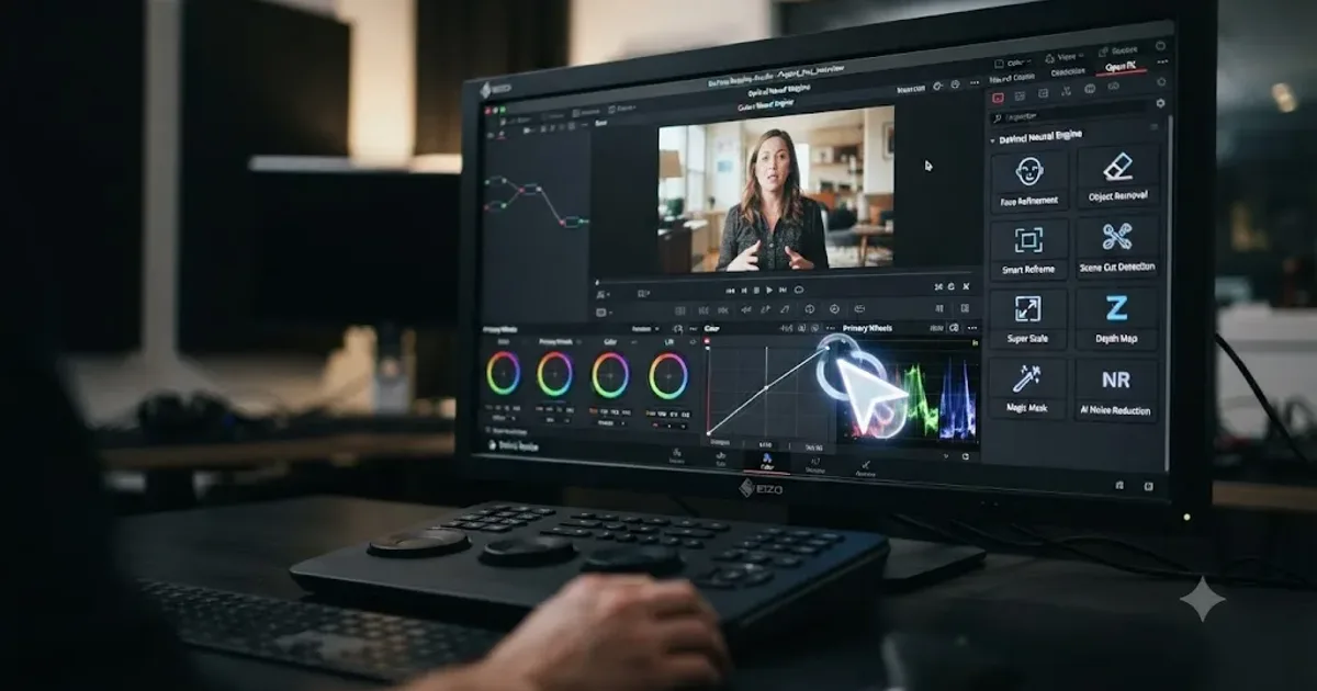 Illustration of an AI tutor overlay beside DaVinci Resolve's built-in Neural Engine tool icons on a Mac screen