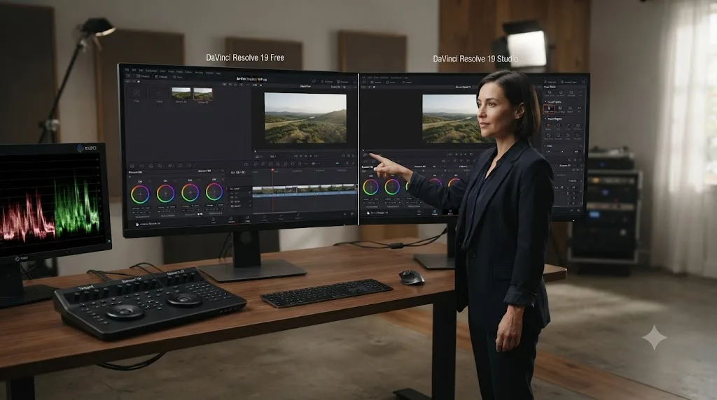 Illustration comparing DaVinci Resolve's free version and Studio version with an AI tutor pointing at the controls present in each
