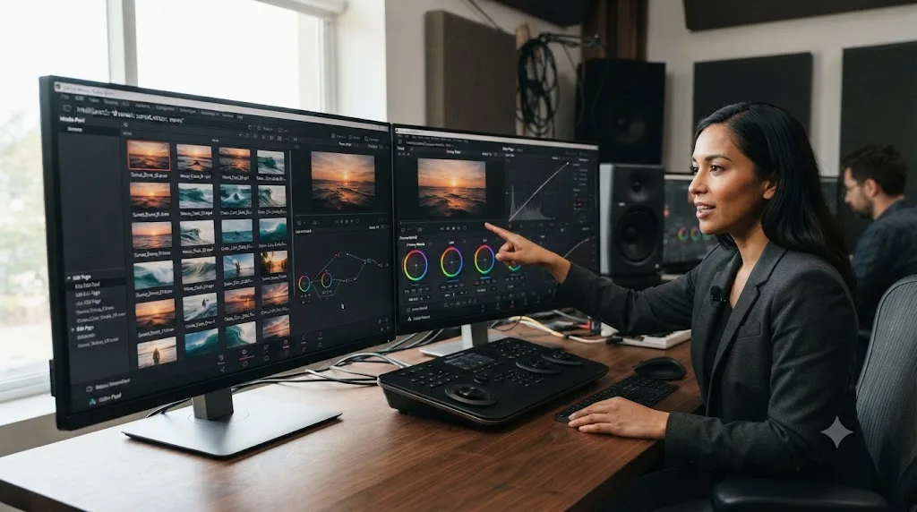Illustration comparing DaVinci Resolve's IntelliSearch media pool results with an AI tutor pointing at a Color page control