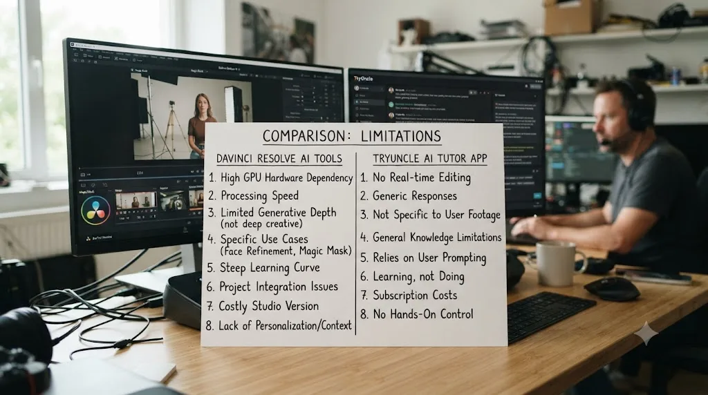 Illustration of a two-column list showing honest limitations of DaVinci Resolve's built-in AI tools and an AI tutor app