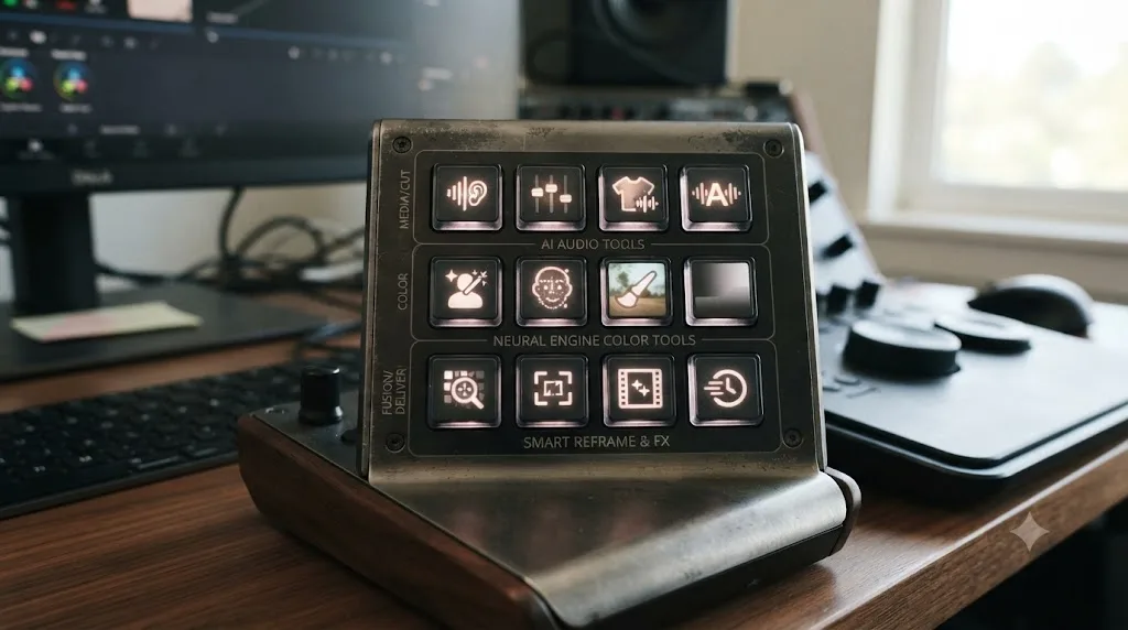 Illustration of a grid of AI tool icons representing DaVinci Resolve's built-in Neural Engine features