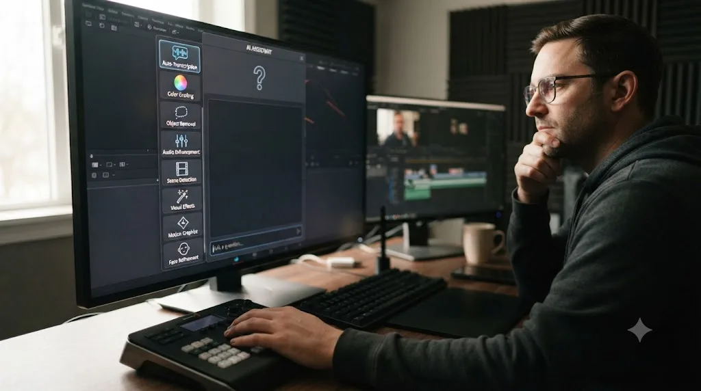 Illustration of task-specific AI tool buttons in DaVinci Resolve next to an empty chat interface representing a missing conversational layer