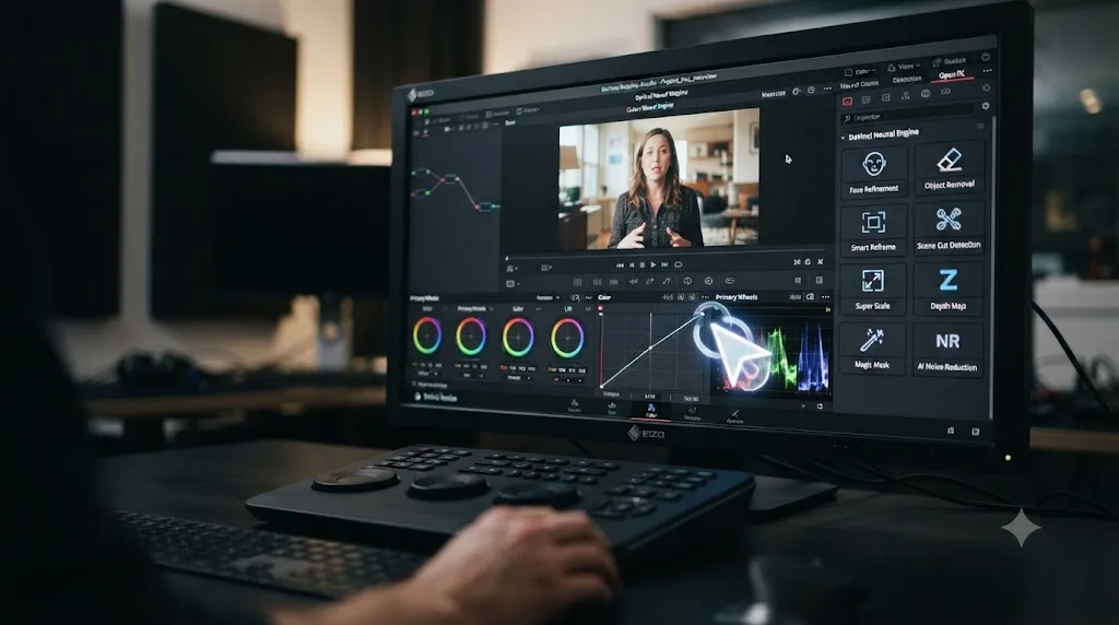 Illustration of DaVinci Resolve's built-in Neural Engine tool icons beside an AI tutor cursor circling a control