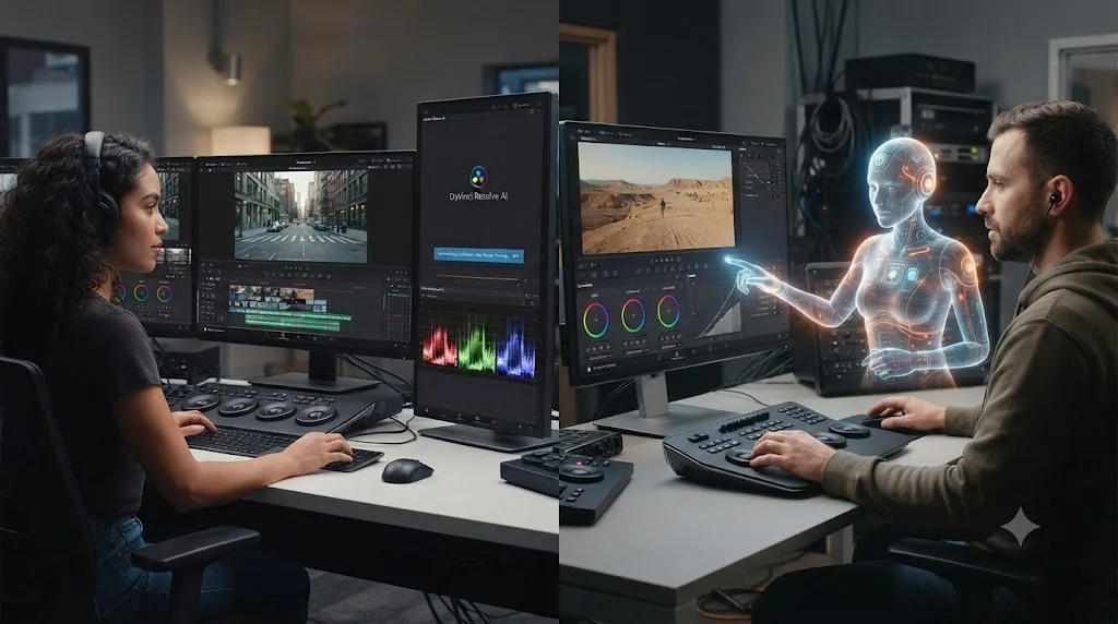 Illustration comparing an automated AI tool transforming footage with an AI tutor pointing at a control without touching it
