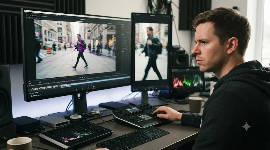Illustration of DaVinci Resolve's Smart Reframe auto-cropping a horizontal frame to vertical with a jittery tracking path