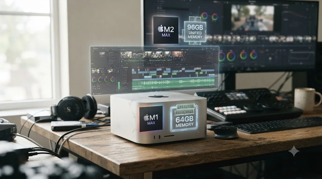 Illustration of a used Mac Studio running DaVinci Resolve with chip generation and unified memory icons overlaid