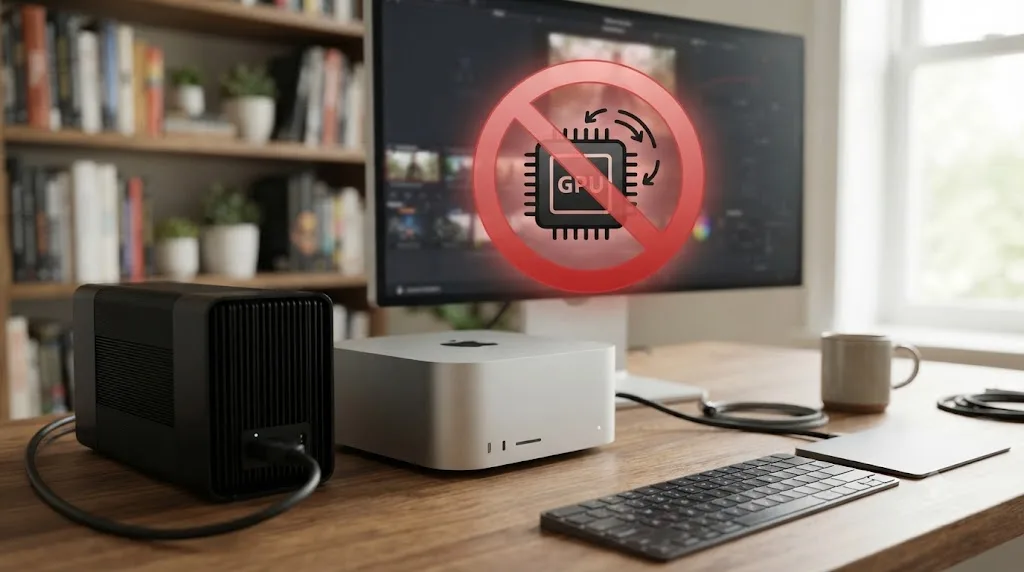 Illustration of an external GPU connected to a Mac Studio, showing that graphics acceleration is not available on Apple Silicon
