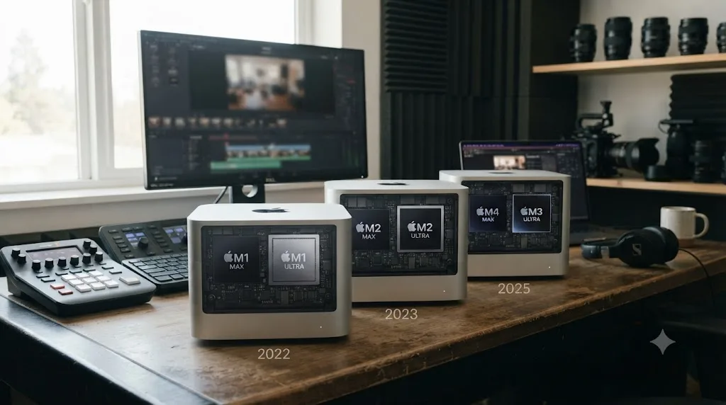 Illustration of three Mac Studio generations from 2022, 2023, and 2025 labeled with their Apple Silicon chip options