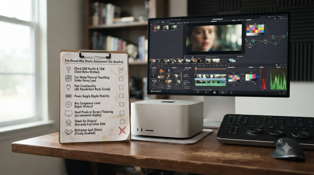 Illustration of a checklist highlighting the honest risks of buying a used Mac Studio for DaVinci Resolve work