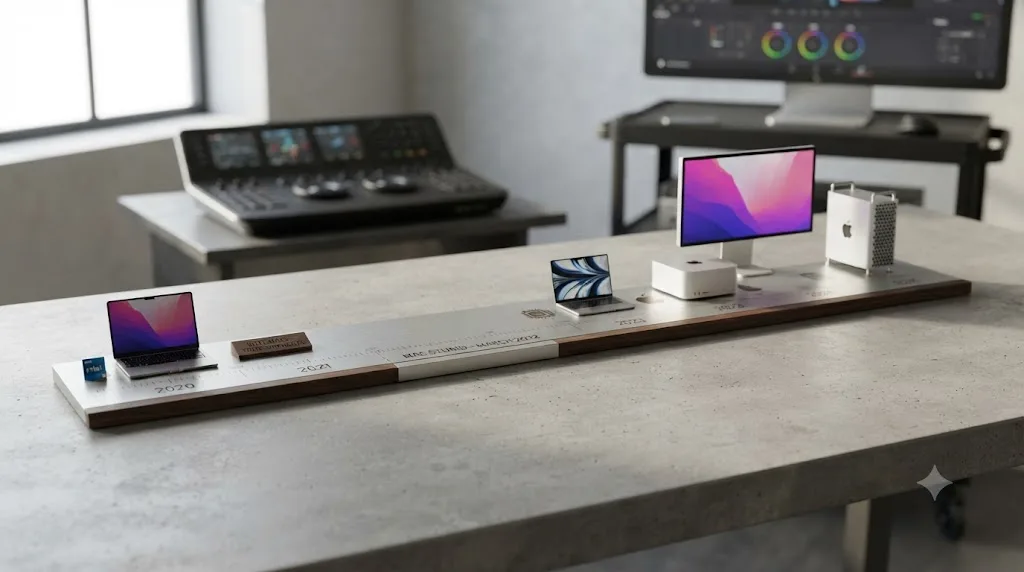 Illustration of a timeline showing Apple's Intel to Apple Silicon Mac transition with the Mac Studio's 2022 launch marked afterward