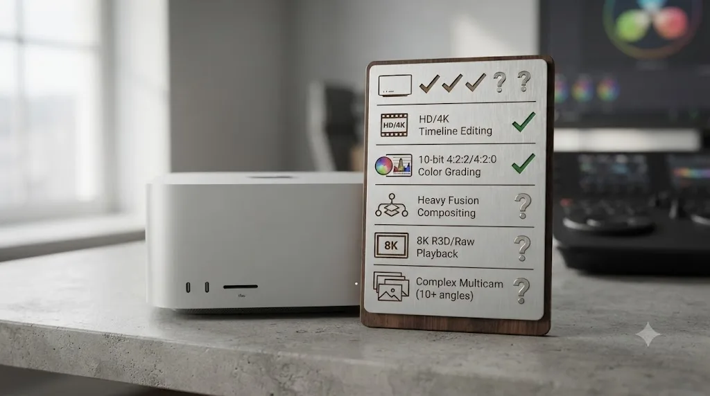 Illustration of a checklist showing which DaVinci Resolve project types suit a base M1 Max Mac Studio