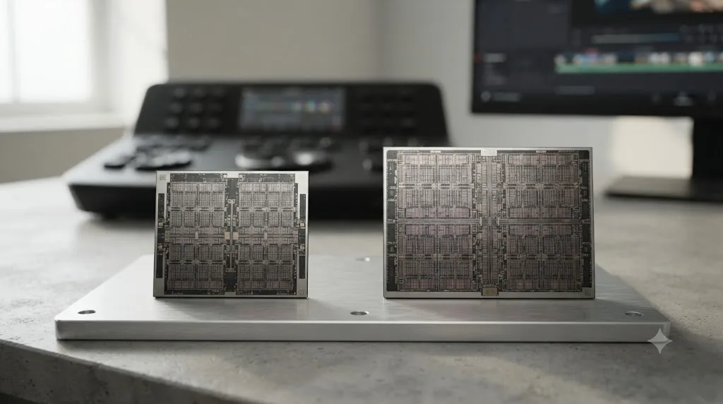 Illustration comparing an M1 Max and M1 Ultra chip, showing the Ultra as two fused dies with doubled GPU cores