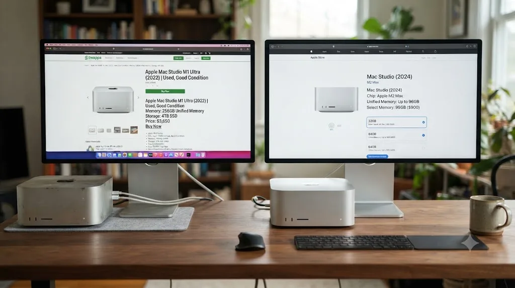 Illustration comparing a used Mac Studio's higher memory configuration to the reduced maximum available on the current new lineup