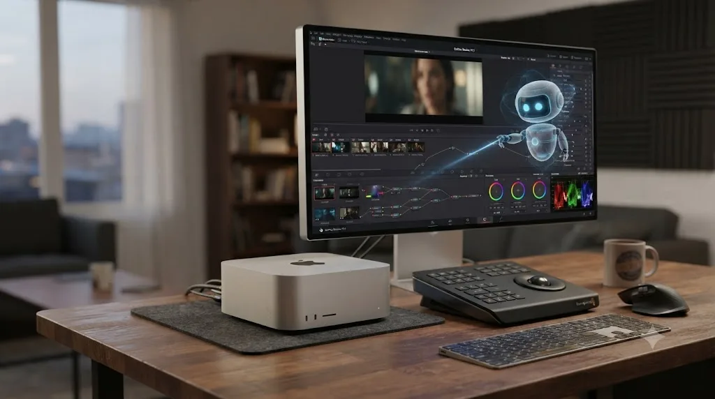 Illustration of a used Mac Studio running DaVinci Resolve with an on-screen assistant pointing at a specific control