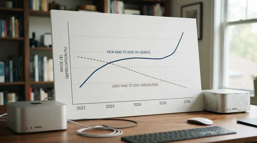 Illustration of a chart showing new Mac Studio prices rising in 2026 alongside typical used Mac Studio depreciation