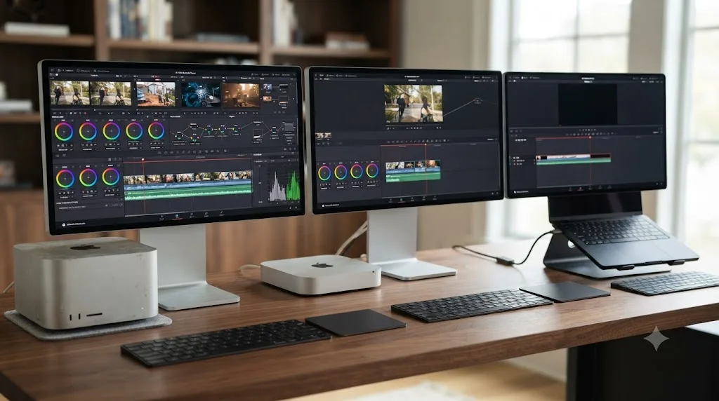 Illustration comparing a used Mac Studio, a new Mac mini, and a new MacBook Pro running different DaVinci Resolve workloads