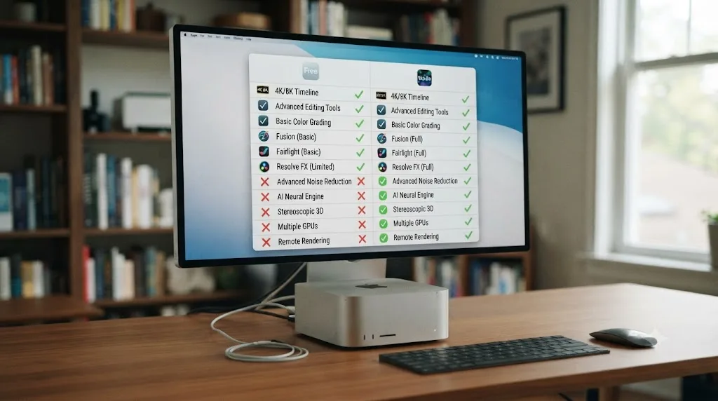 Illustration of a comparison table showing DaVinci Resolve free versus Studio features on a used Mac Studio