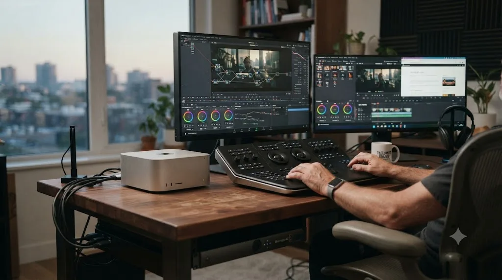 Illustration of a freelance colorist's desk with a used M1 Ultra Mac Studio grading footage in DaVinci Resolve