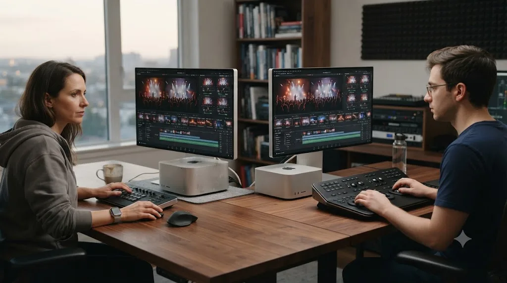 Illustration of a two-person studio comparing a used M2 Ultra Mac Studio against a new M4 Max Mac Studio for multicam editing