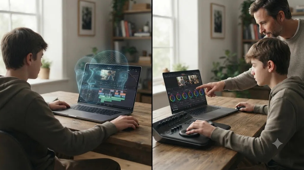 Illustration comparing an automated AI editing tool to an assistant that points at controls while the user edits