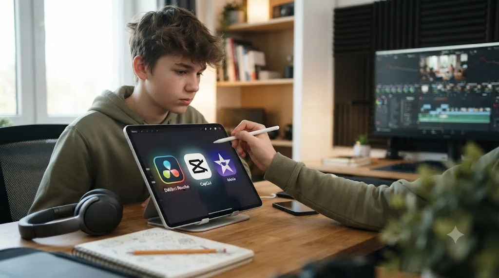 Illustration of a teenager comparing DaVinci Resolve, CapCut, and iMovie as video editing options
