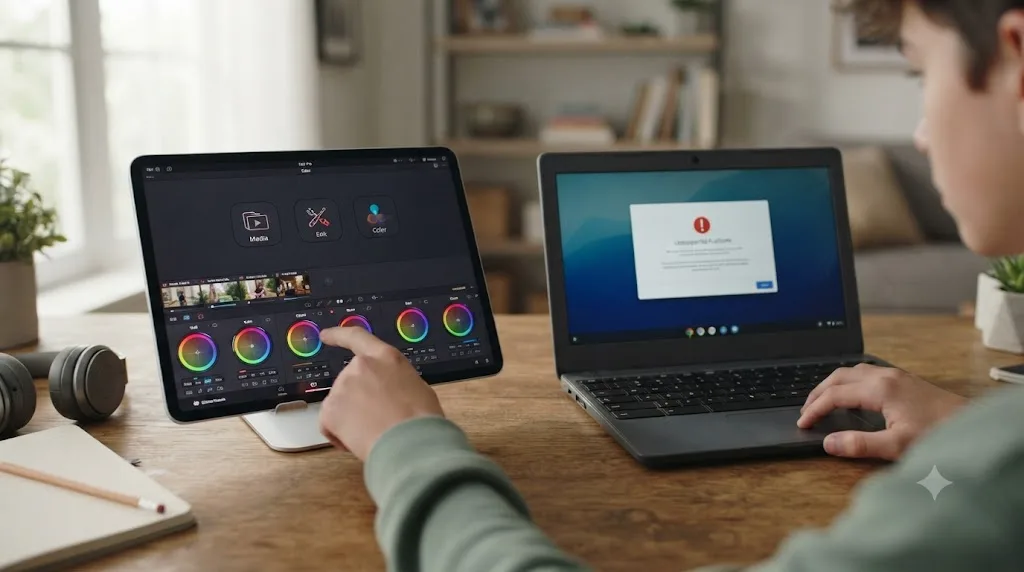 Illustration comparing an iPad running DaVinci Resolve to a Chromebook that cannot run the software