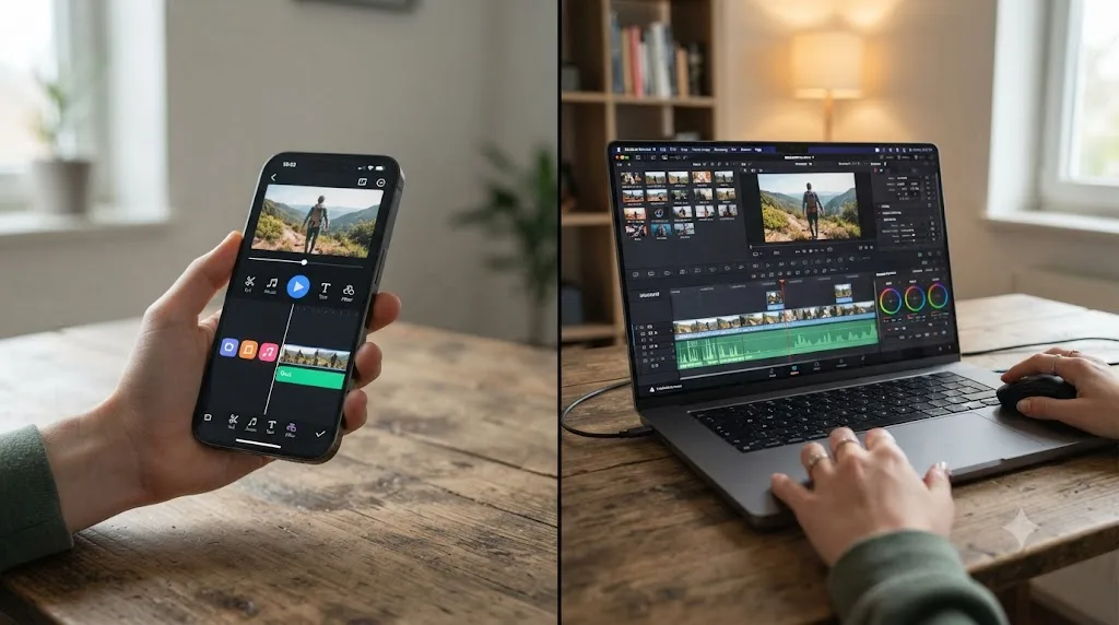 Illustration comparing a simple phone editing app interface to DaVinci Resolve's full desktop interface