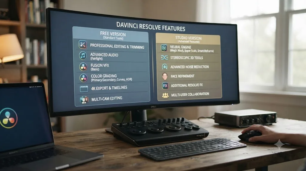 Illustration of a comparison chart showing DaVinci Resolve's free features against Studio-only features