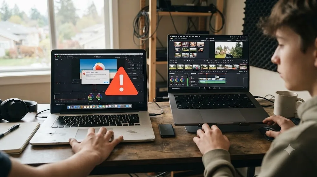 Illustration of hardware requirements for running DaVinci Resolve, showing an underpowered laptop struggling next to a capable one