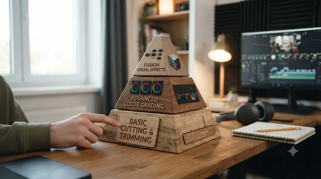Illustration of a skill pyramid showing DaVinci Resolve's learning curve from basic cutting to advanced color grading and Fusion