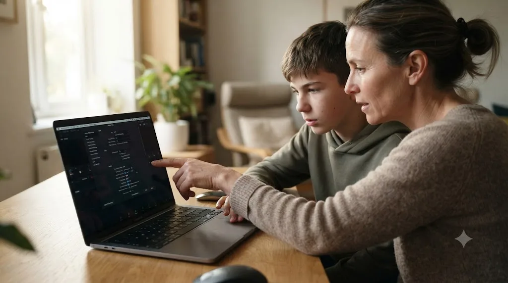 Illustration of a parent and teenager reviewing DaVinci Resolve setup together on a laptop